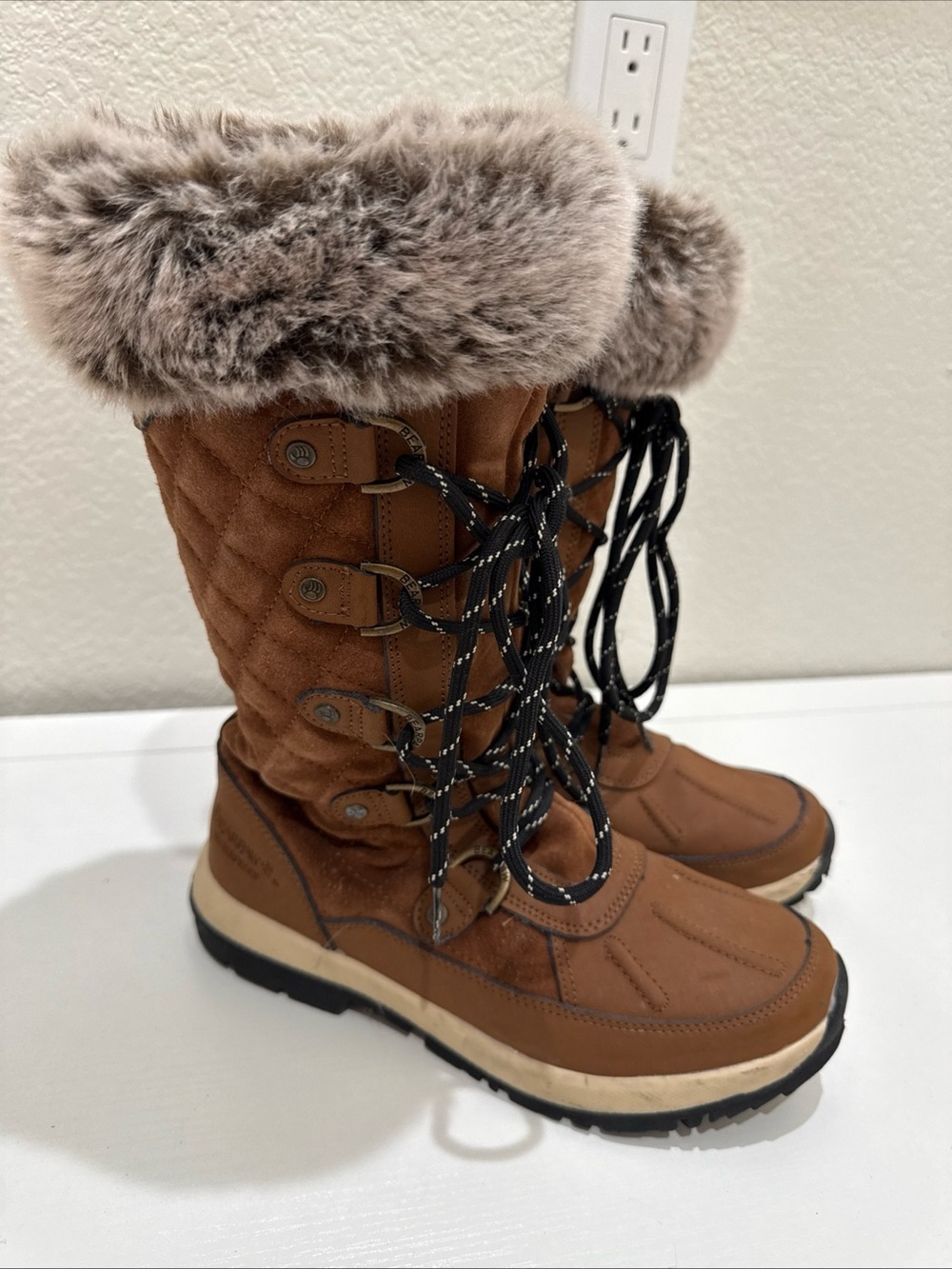 Bearpaw Gwyneth Tall Winter Boots Women Size 8 Brown Faux Fur Leather Sheepskin